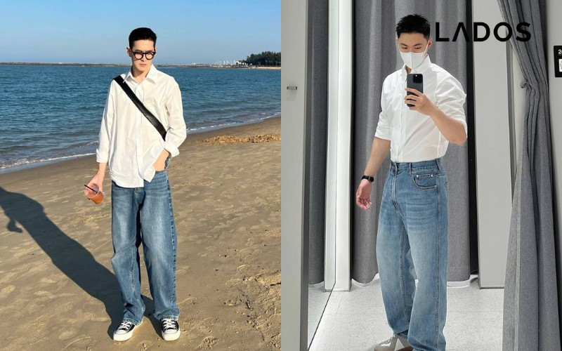 Áo sơ mi trắng lịch lãm kết hợp cùng quần jean xanh cổ điển