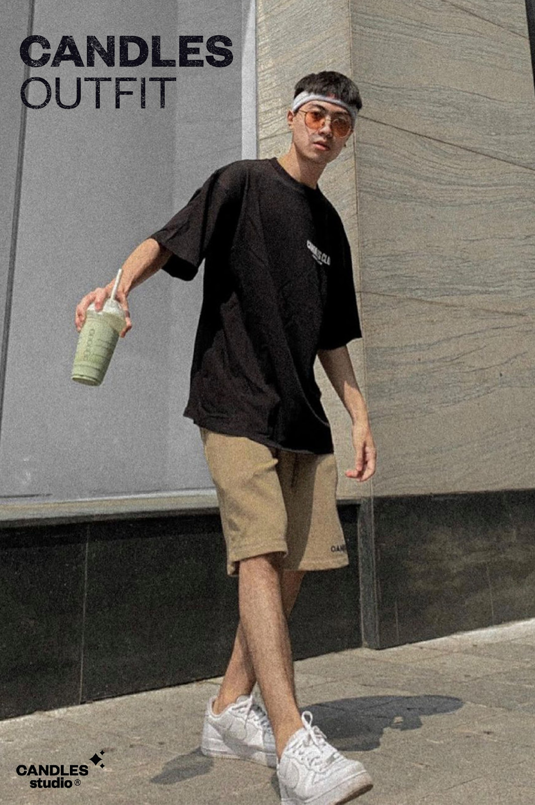 Áo thun đen kết hợp với quần short màu nâu nhạt tạo nên set đồ năng động cho ngày hè