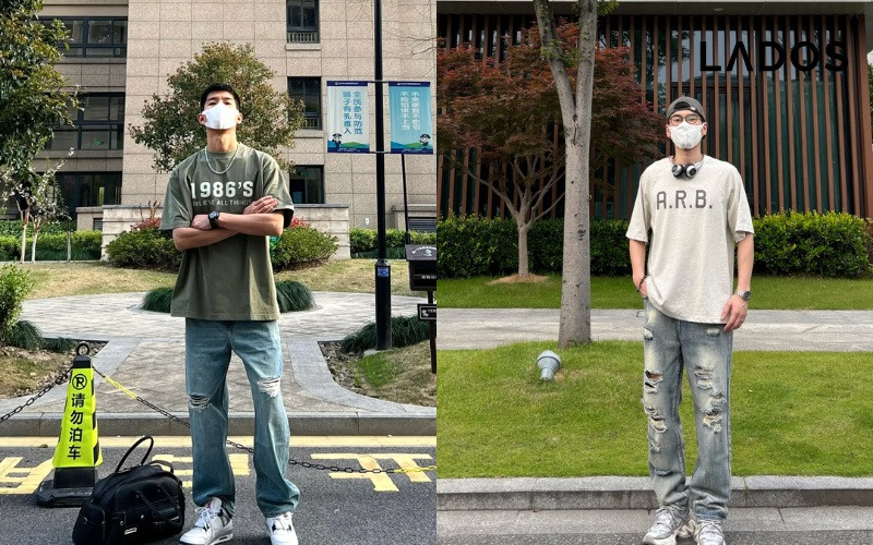 Áo thun phối quần jeans rách gối cá tính