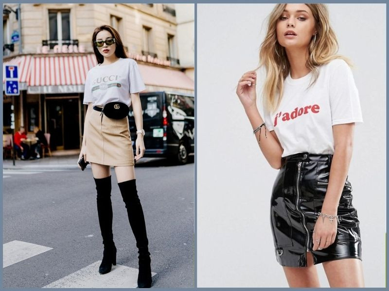 Áo thun rộng trắng sơ vin cùng chân váy da đen bóng, mang đến vẻ ngoài cá tính và sành điệu