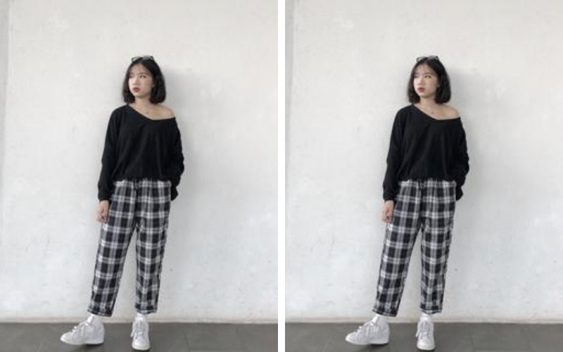 Áo trễ vai màu đen cơ bản kết hợp hoàn hảo với quần caro ống rộng, mang lại vẻ ngoài thu hút và cá tính