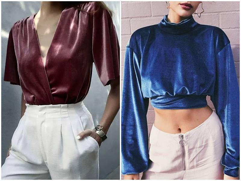 Áo vải nhung màu xanh đậm với họa tiết chìm, thiết kế cổ tàu sang trọng và quý phái cho quý bà