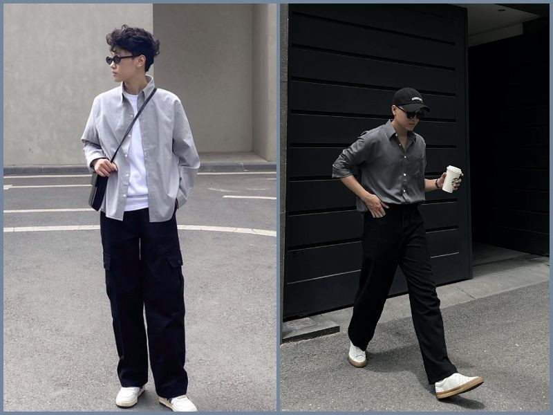 Áo xám kết hợp với quần âu đen hoặc quần jean đen tạo nên set đồ cơ bản nhưng cuốn hút