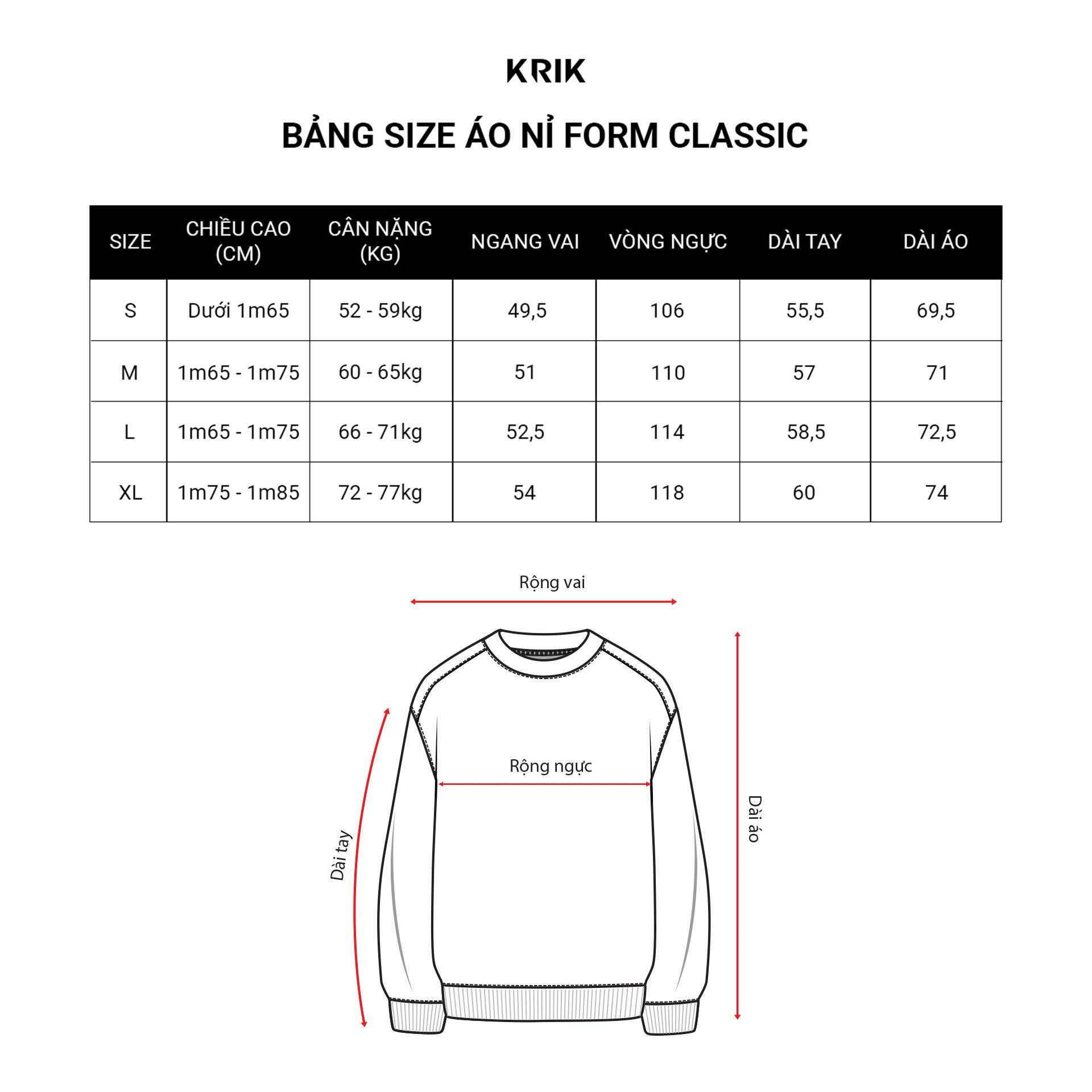 Bảng size áo nỉ nam Krik form Classic, hướng dẫn chọn kích cỡ quần áo nỉ nam cao cấp phù hợp.