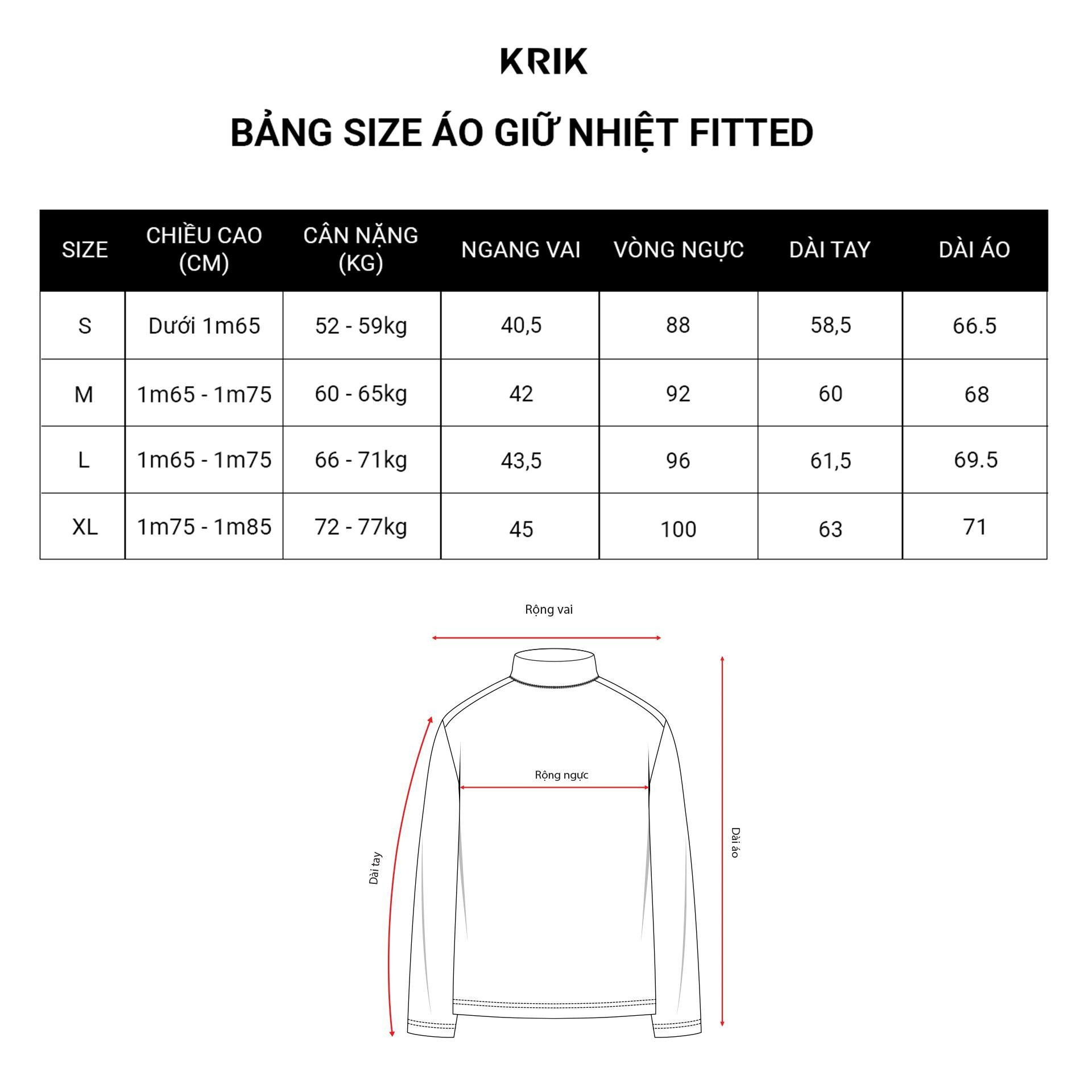 Bảng size áo nỉ nam Krik form Fitted, giúp quý ông lựa chọn quần áo nỉ nam cao cấp vừa vặn, tôn dáng.