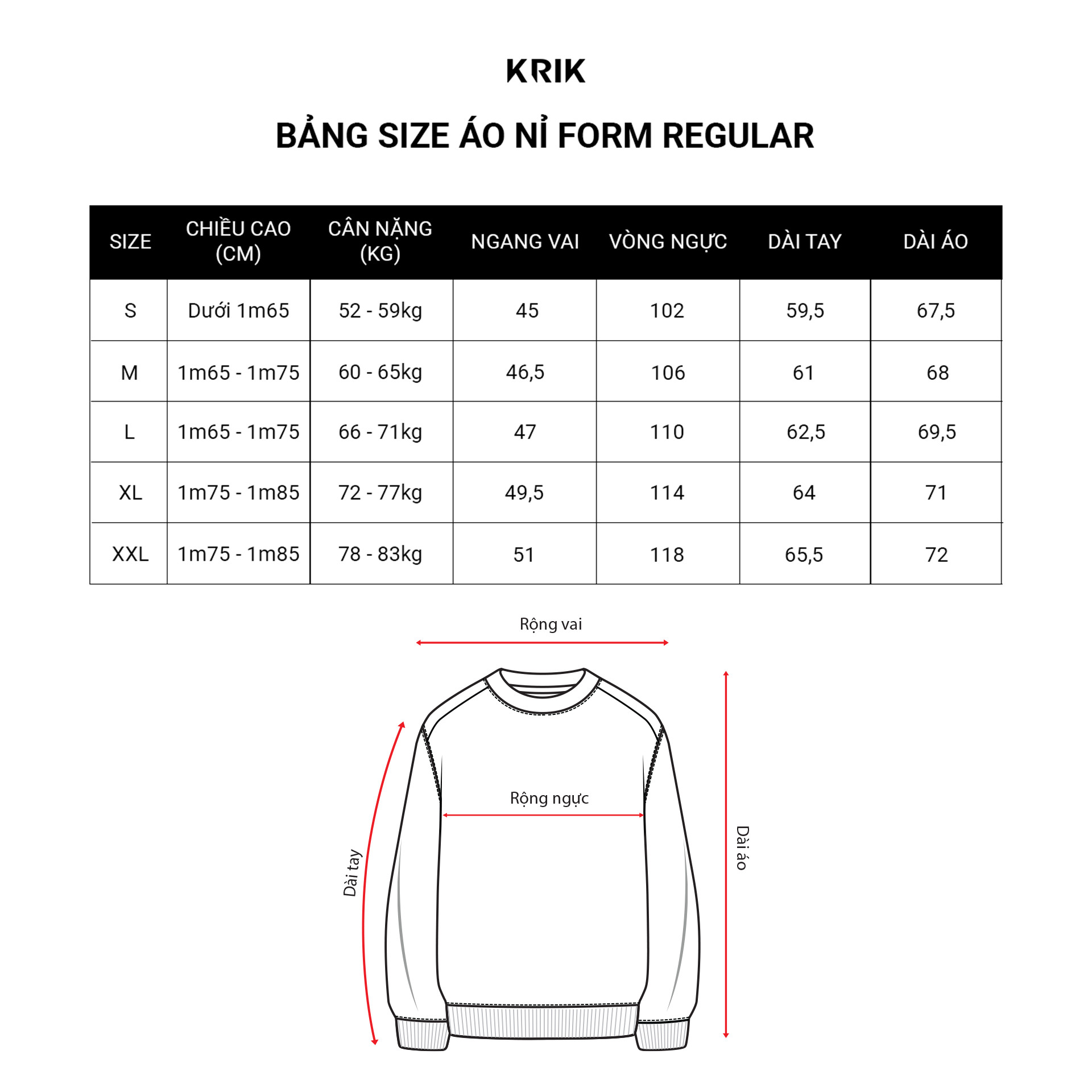 Bảng size áo nỉ nam Krik form Regular, hướng dẫn chi tiết để chọn quần áo nỉ nam cao cấp thoải mái.