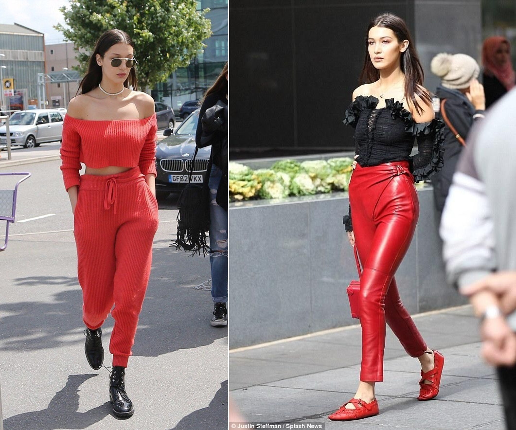 Bella Hadid sành điệu trên phố với quần đỏ đô và áo lệch vai đen gợi cảm
