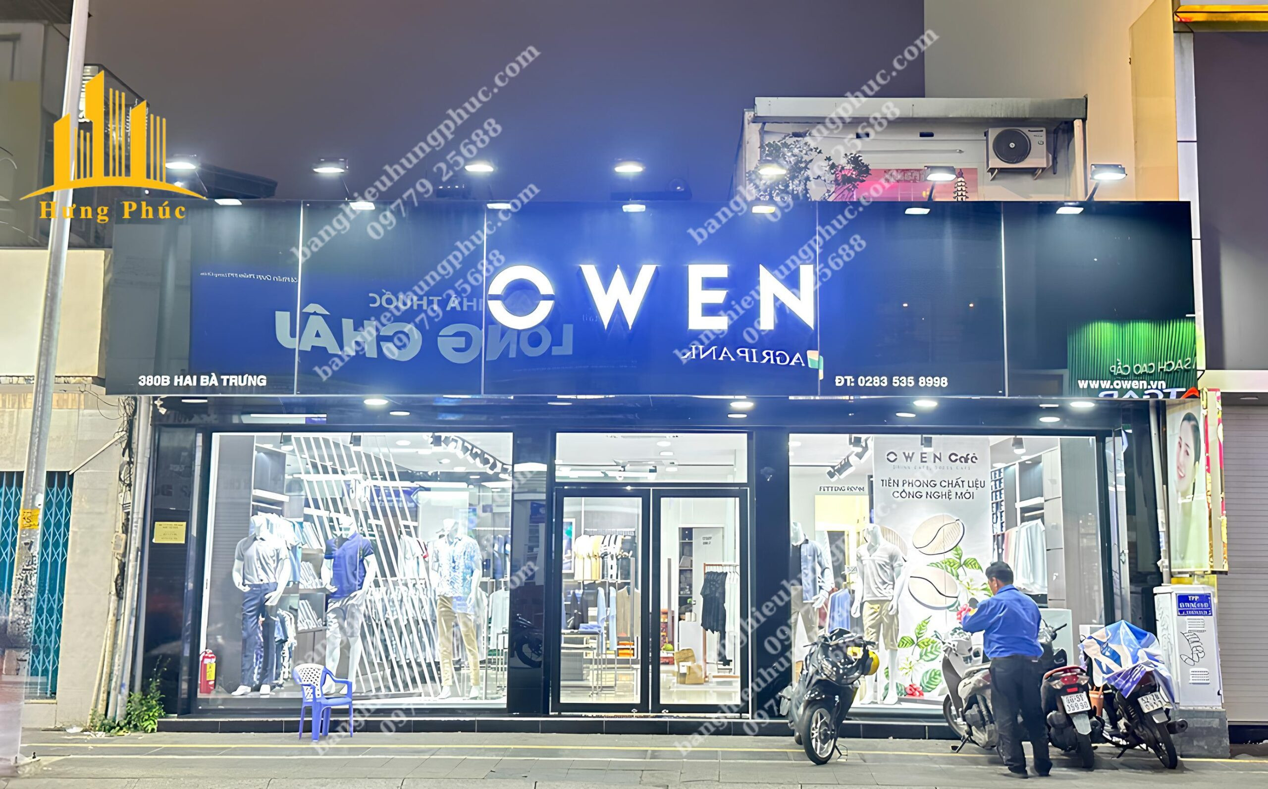 Biển shop quần áo nam OWEN nền Alu chữ nổi mica sáng mặt hiện đại