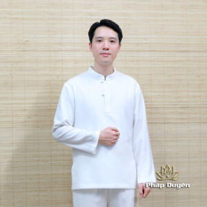 Bộ pháp phục nam Tuệ Quang dài tay vải thô đũi màu nâu, đại diện cho trang phục trang nghiêm của Phật tử nam