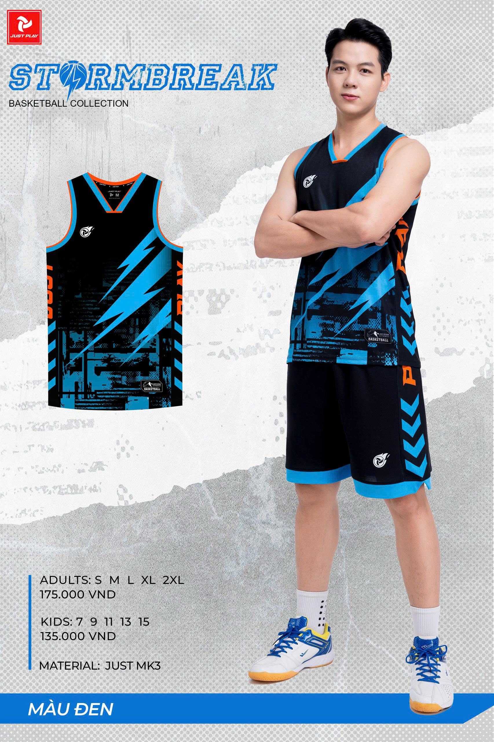 Bộ quần áo chơi bóng rổ Just Play Stormbreak màu đen nổi bật với họa tiết sấm sét và logo thương hiệu sắc nét, thể hiện phong cách mạnh mẽ trên sân đấu