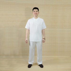 Bộ quần áo Phật tử nam màu trắng, tay ngắn, cổ trụ, chất liệu linen thoáng mát, thích hợp cho sinh hoạt mùa hè
