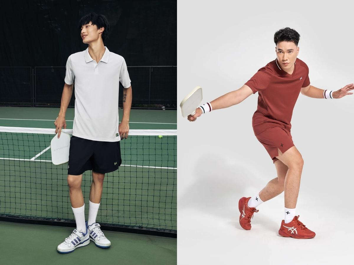 Bộ trang phục quần áo thể thao pickleball nam bao gồm áo thun, áo polo và quần short thể thao phong cách, năng động