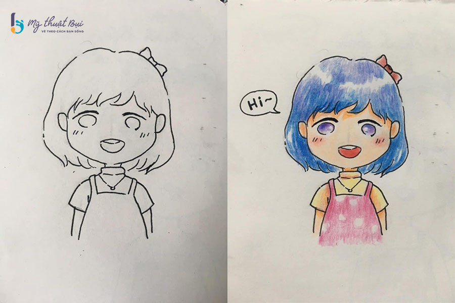 Các bước tô màu hoàn thiện hình vẽ Chibi, thể hiện sự sinh động của các màu sắc thời trang