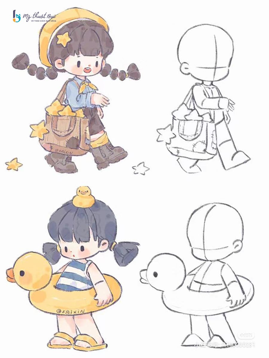 Các mẫu vẽ chibi với biểu cảm khác nhau, thể hiện sự linh hoạt trong thiết kế quần áo