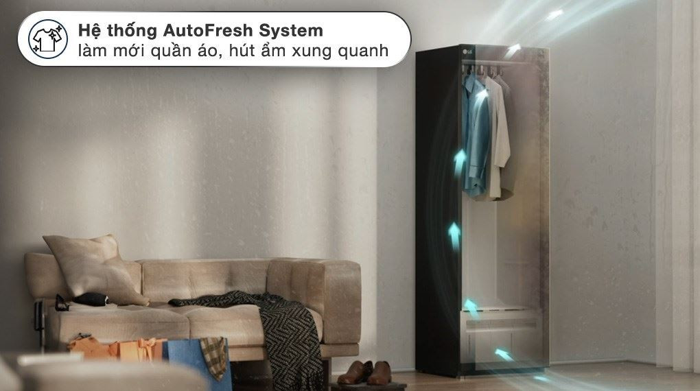 Các tiện ích thông minh như móc treo di chuyển, bàn ủi tích hợp, và kết nối LG ThinQ trên tủ chăm sóc quần áo LG Styler Inverter SC5MBR80H