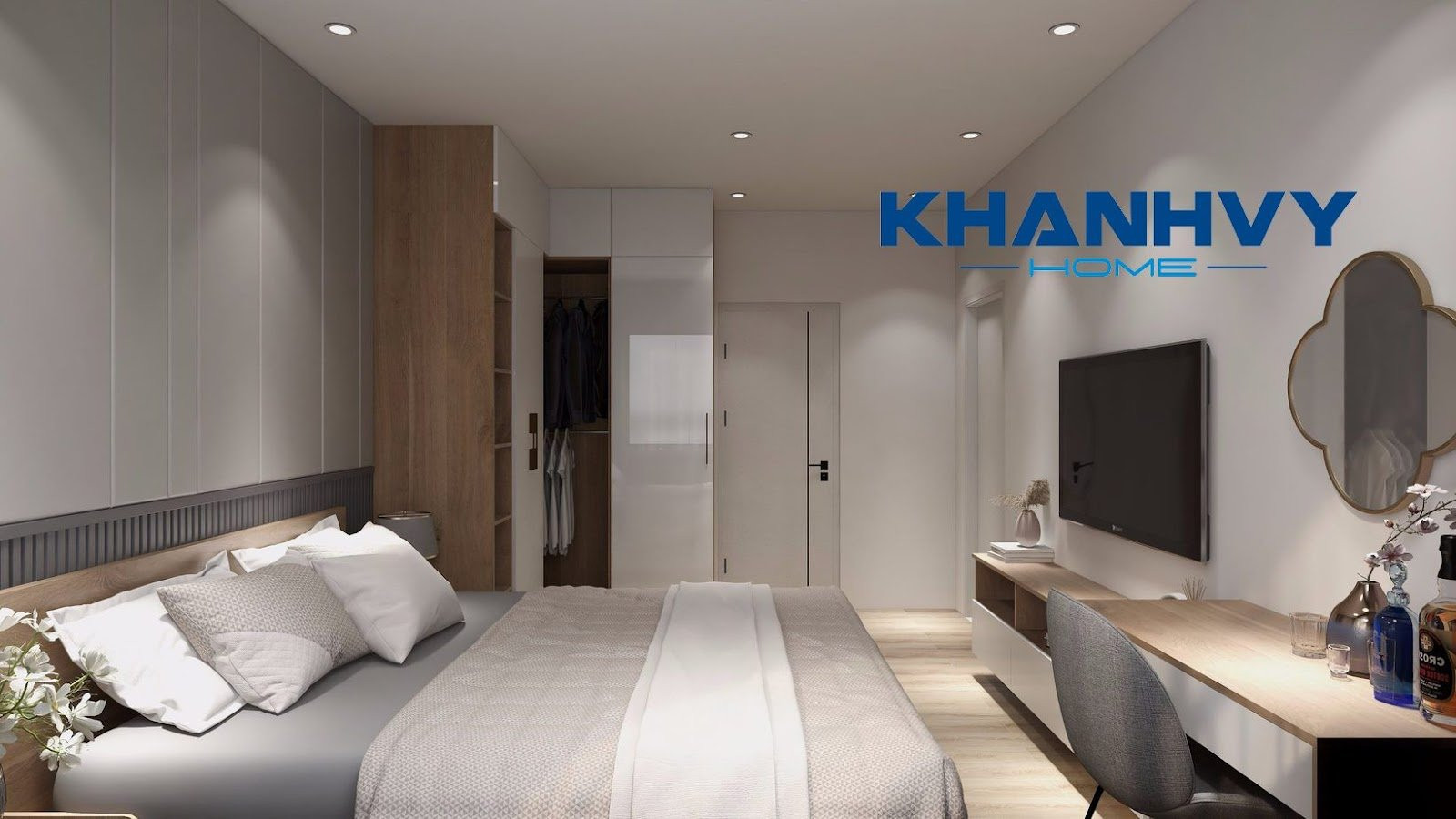 Cách bố trí tủ quần áo hài hòa với giường ngủ và bàn trang điểm trong không gian phòng