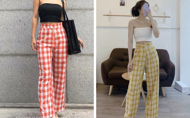 Cách phối đồ quần caro ống rộng cùng áo ống tạo nên sự gợi cảm và nổi bật