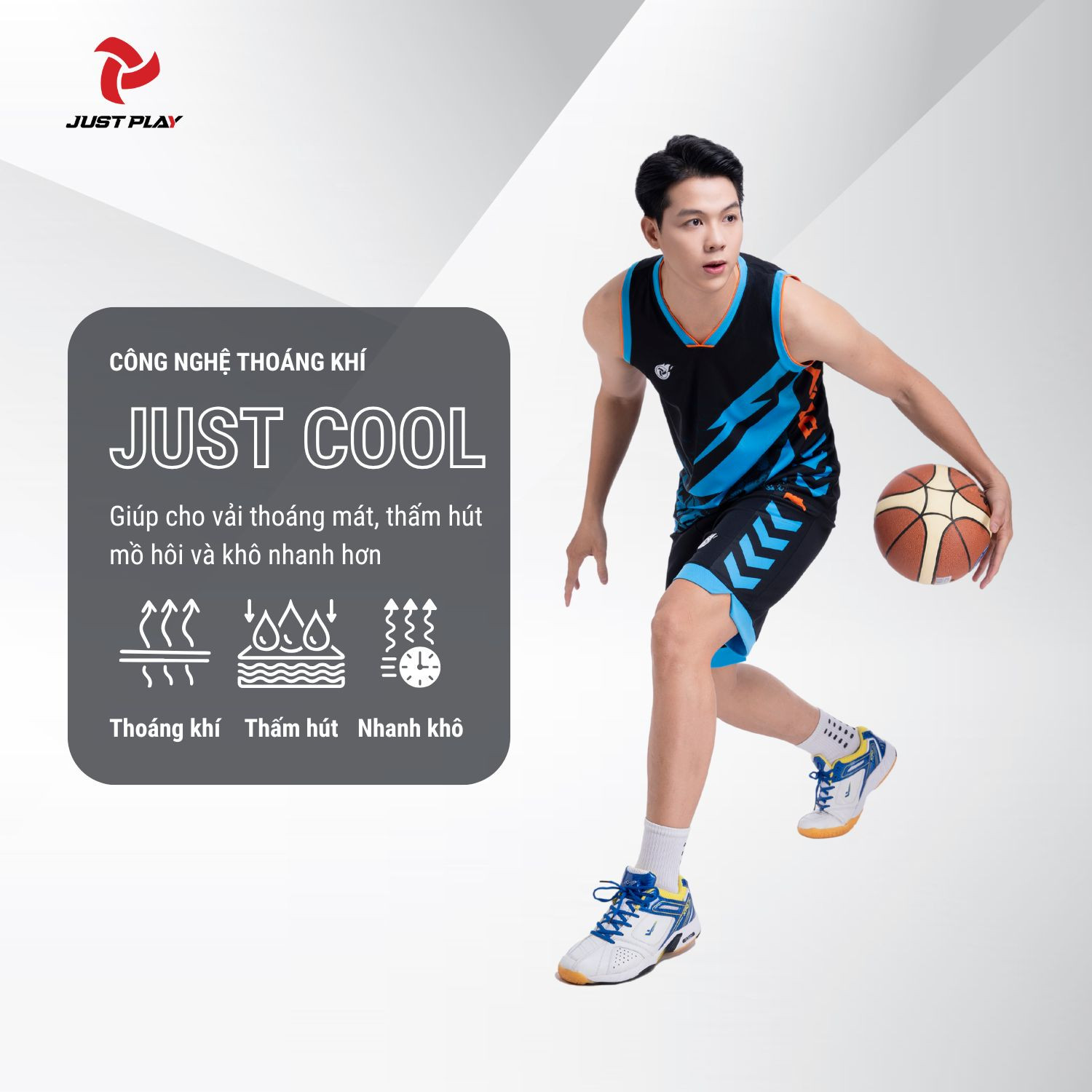 Cận cảnh chất liệu vải mè MK3 cao cấp của quần áo chơi bóng rổ Just Play, nổi bật với khả năng thấm hút mồ hôi hiệu quả và co giãn tốt