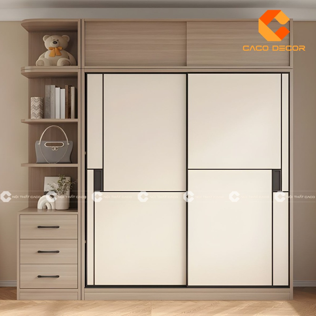 Cấu tạo chi tiết của tủ quần áo gỗ cửa lùa, bao gồm hệ thống ray trượt và bánh xe