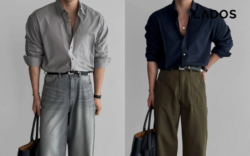 Chàng trai lịch lãm trong áo sơ mi tối màu và quần jean xanh đậm