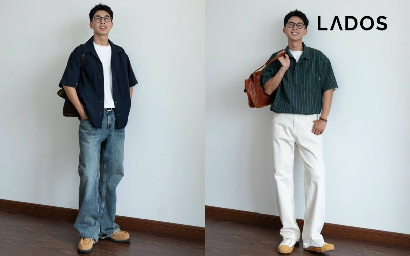 Chàng trai lịch lãm với áo sơ mi casual và quần jean xanh