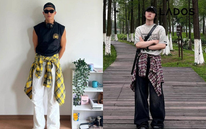 Chàng trai mặc áo sơ mi caro buộc ngang eo cùng quần jean và áo thun