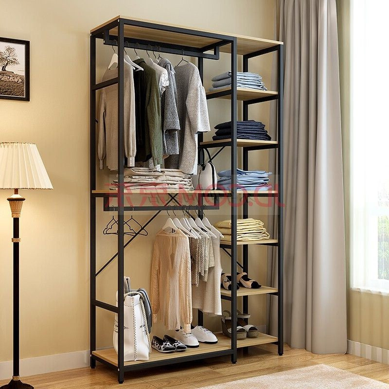 Chi tiết kệ sắt treo quần áo GHK-296 với hai thanh treo và các ngăn để đồ tiện lợi