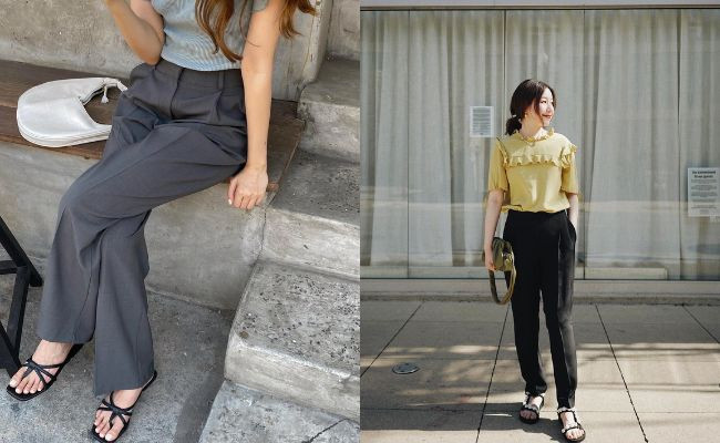 Cô gái dịu dàng mặc áo hai dây họa tiết, quần kaki ống rộng màu kem và sandals đế bệt, thích hợp cho chuyến đi biển