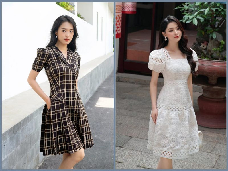 Cô gái gầy thấp mặc váy xòe chữ A cạp cao màu xanh navy phối áo sơ mi trắng, tạo hiệu ứng kéo dài chân, tôn vòng eo và giúp thân hình trông cao ráo, đầy đặn hơn.