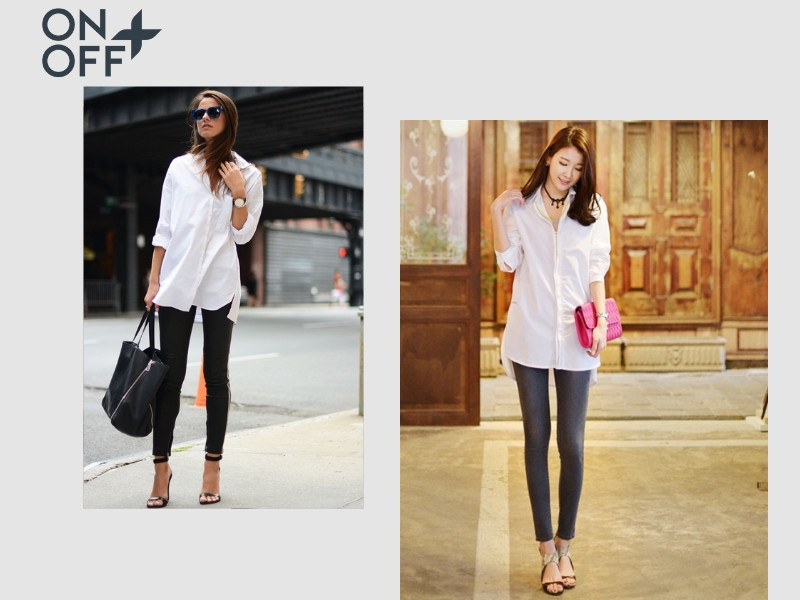 Cô gái mặc áo sơ mi trắng dáng dài lịch sự kết hợp quần legging đen ôm sát, thể hiện phong cách phối áo sơ mi với quần legging cơ bản thanh lịch.