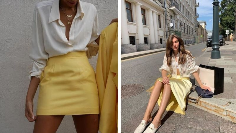 Cô gái mặc chân váy midi màu vàng mustard phối áo len trắng, phong cách vintage nhẹ nhàng