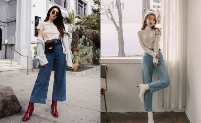 Cô gái sành điệu mặc áo len dệt kim, quần kaki ống rộng màu nâu và giày boot đen, phù hợp cho những ngày se lạnh