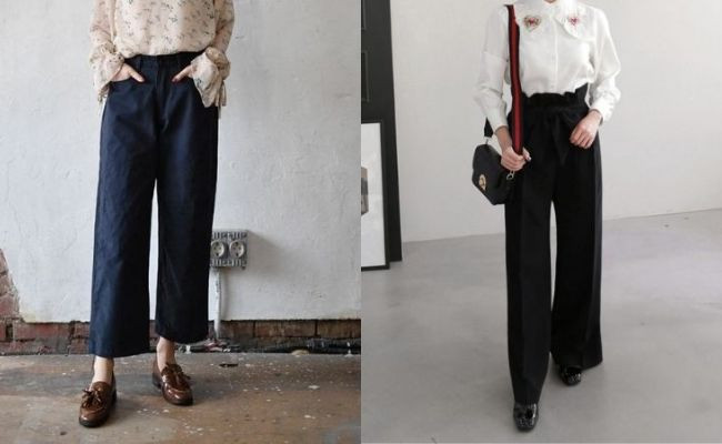 Cô gái thanh lịch mặc áo sơ mi kẻ, quần kaki ống rộng màu kem và giày Oxford đen, phù hợp cho môi trường công sở