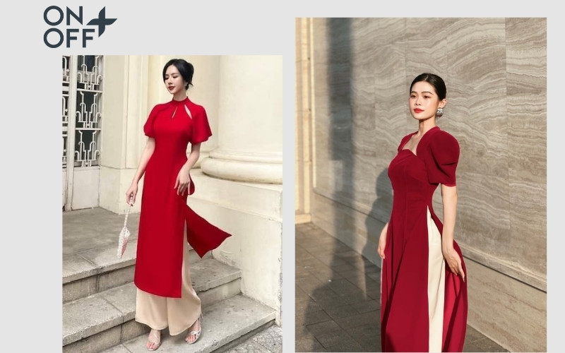Cô gái thanh lịch trong tà áo dài đỏ trơn phối cùng quần màu nude tinh tế, tạo nên vẻ ngoài nhẹ nhàng, hiện đại và sang trọng.