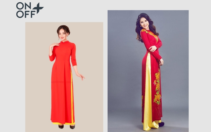 Cô gái thanh thoát trong tà áo dài đỏ phối quần vàng rực rỡ, nổi bật giữa không gian