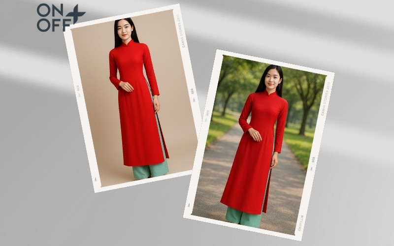 Cô gái trẻ trung mặc áo dài đỏ nổi bật phối quần xanh mint tươi mát, tạo phong cách dịu dàng