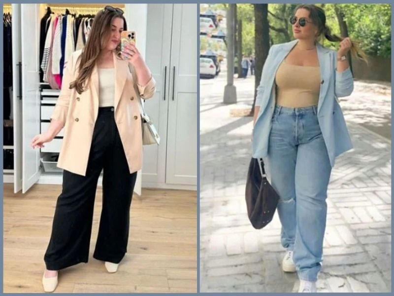 Cô nàng mũm mĩm phối quần ống loe đen với áo blazer dáng dài và áo thun ôm