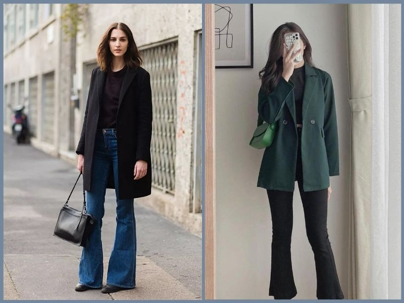 Cô nàng thanh mảnh phối quần ống loe màu kem với áo khoác dạ dáng dài và boots cao gót