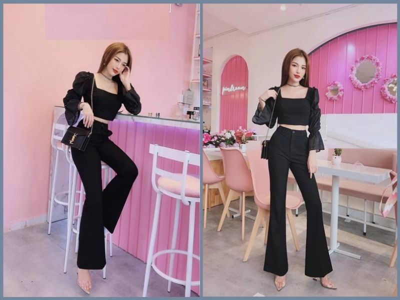 Cô nàng vai to phối quần ống loe màu xanh đậm với áo tay phồng trắng thanh lịch