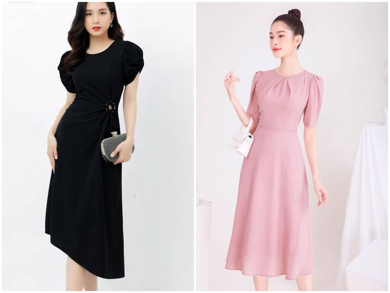 Đầm suông trơn màu xanh lam nhẹ nhàng, thiết kế trang nhã và thoải mái cho phụ nữ trung niên