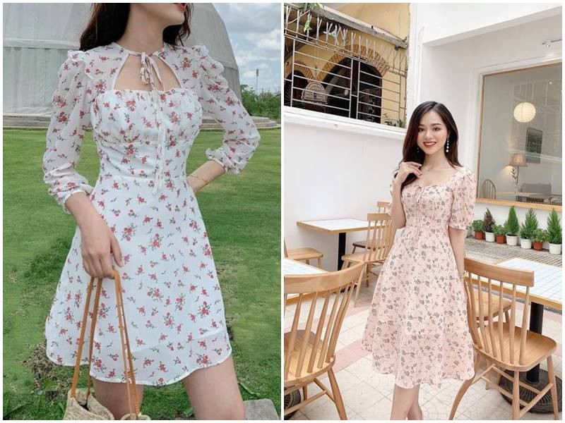 Đầm voan hoa nhí màu xanh pastel, thiết kế hiện đại và trẻ trung, mang lại vẻ đẹp thanh thoát cho phụ nữ tuổi 60