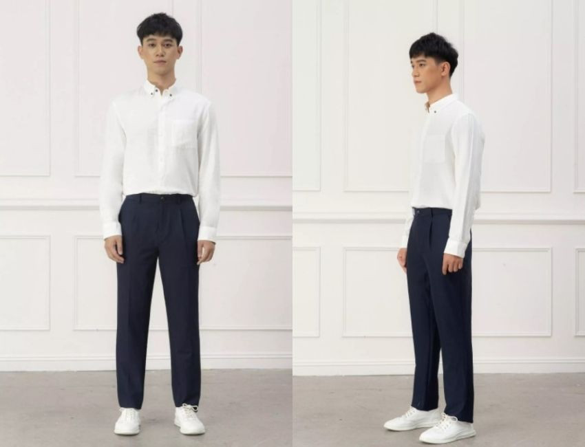 Diện áo sơ mi trắng quần tây và giày thể thao trắng tạo phong cách casual hiện đại