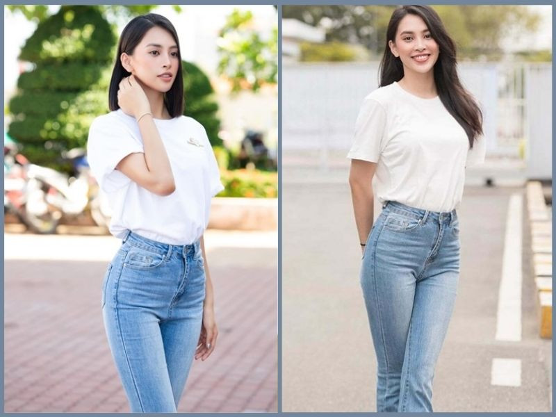 Đơn giản chiều cao mix quần jean nữ lưng cao với áo thun nữ