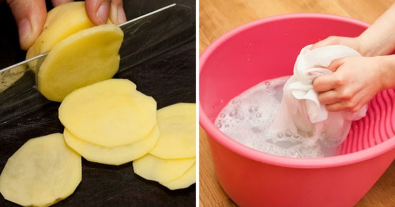 Dùng lát khoai tây tươi chà xát lên vết thâm kim là một mẹo dân gian hiệu quả để loại bỏ vết ố trên quần áo