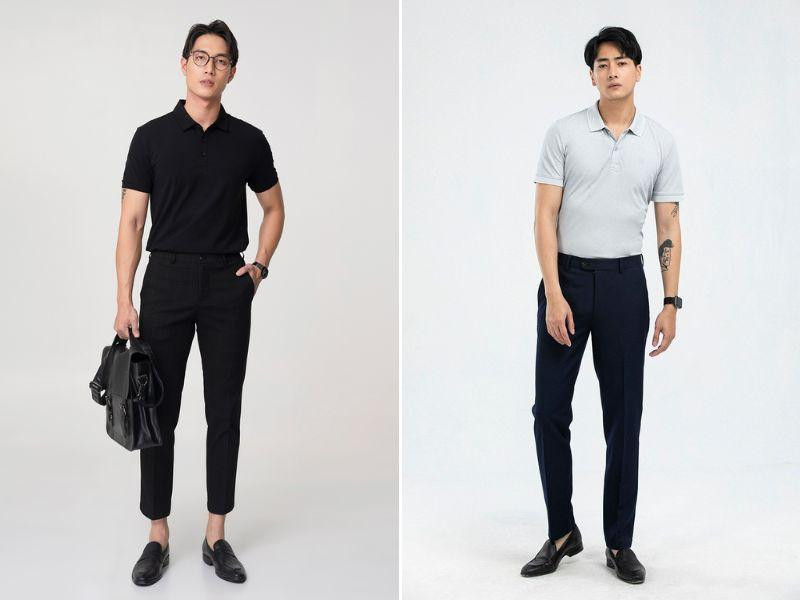 Giày da lười màu nâu bóng kết hợp quần tây ống đứng màu xám, tạo điểm nhấn sang trọng cho set đồ quần tây áo polo nam