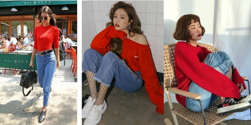 Gợi ý phối quần xanh dương với áo đỏ đất ấn tượng