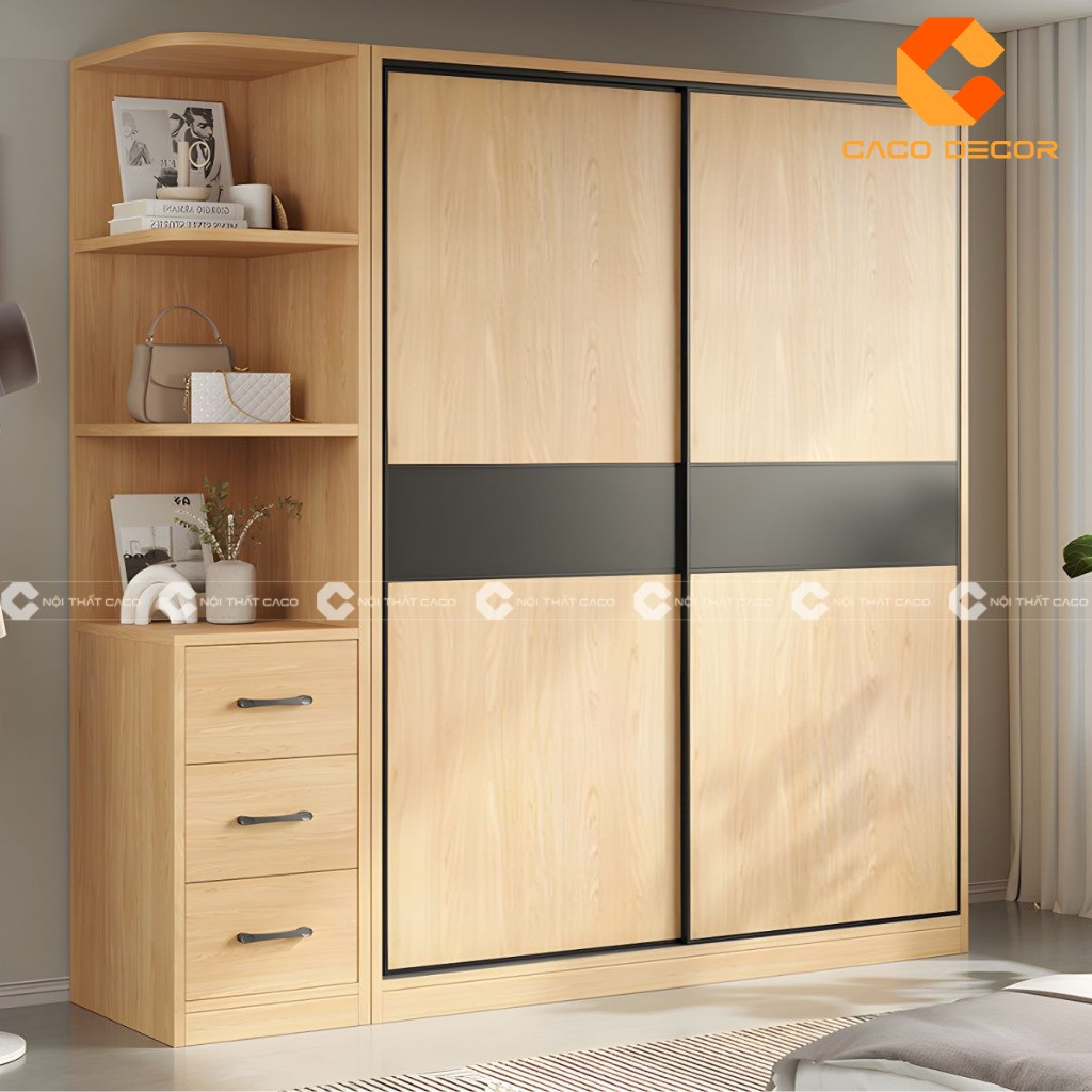 Hình ảnh minh họa tủ quần áo gỗ cửa lùa, thể hiện cơ chế trượt tiện lợi