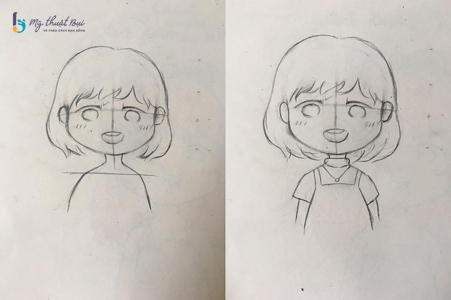 Hình ảnh phác thảo cơ thể và trang phục chibi, minh họa cho việc chọn trang phục đơn giản