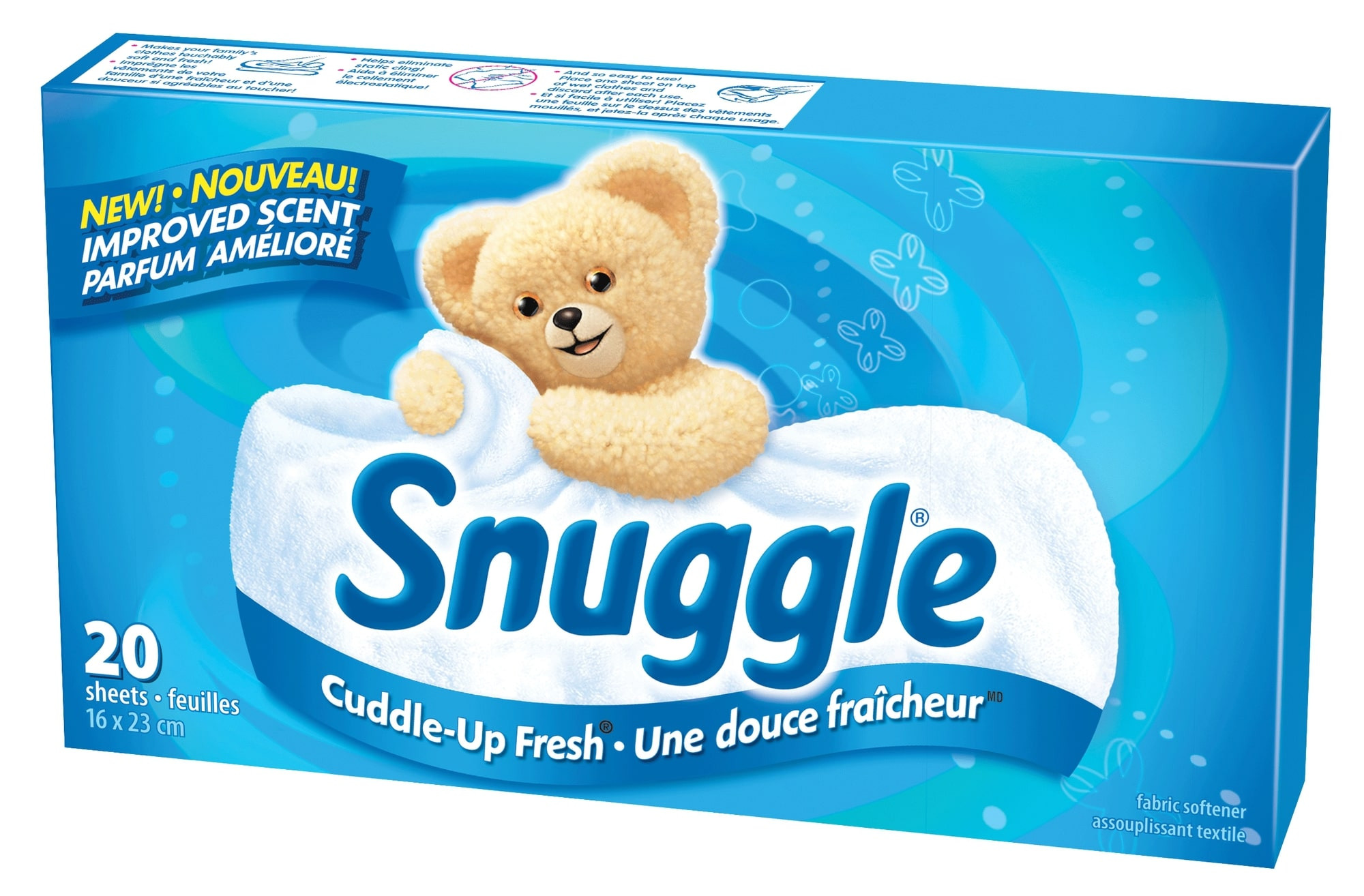 Hộp giấy thơm sấy quần áo Snuggle màu vàng với hình ảnh chú gấu bông đặc trưng