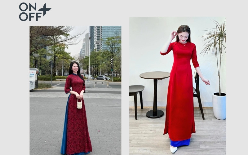 Mẫu áo dài đỏ truyền thống kết hợp quần xanh navy trầm, tạo nên sự hài hòa tinh tế và vẻ ngoài sang trọng, thanh lịch cho người mặc.